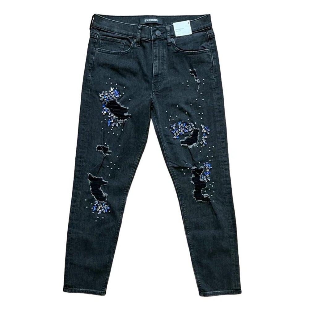 High Rise Black Embellished Ripped Ankle Jeans Size 10 Express NWT $128